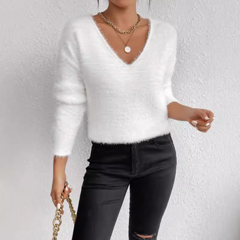 Autumn Winter Imitation Marten Pullover V neck Sweater Women Solid Color Long Sleeve Soft Knitted Top for Women