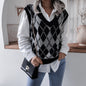 Autumn Winter College Rhombus V-neck Casual Loose Knit Vest Sweater Women Clothing