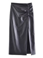 Summer Fashionable Urban Casual Women Solid Color Faux Leather Drawstring Ruffle Skirt