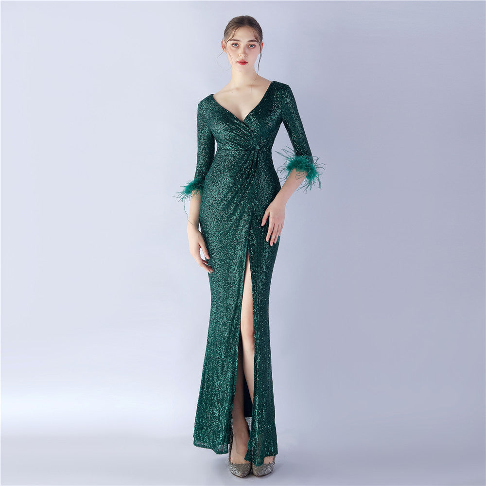 Craft Ostrich Feather Sequined Long Sleeve Evening Dress