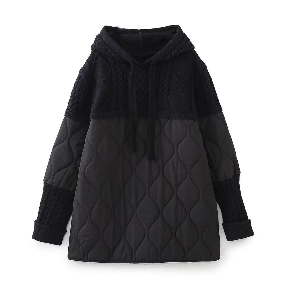 Autumn Winter Women Clothing Patchwork Knitting Hoodie Cotton Coat