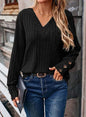 Women Clothing Autumn Winter Rib Sunken Stripe V neck Button Long Sleeved Sweater for Women