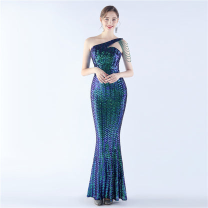 Magic Color Sequin Craft Beaded Shoulder Diagonal Collar High End Slim Fit Evening Dress