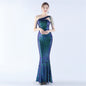 Magic Color Sequin Craft Beaded Shoulder Diagonal Collar High End Slim Fit Evening Dress