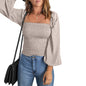 Solid Color Women Clothing Spring Autumn New Long Sleeve Square-Neck Waist-Controlled Slim Fit Slimming Top
