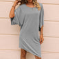 Round Neck Half Sleeve Mid Length Irregular Asymmetric Dress Casual T shirt Loose Dress