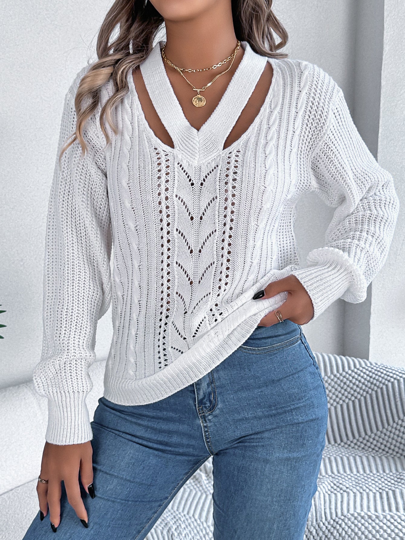 Autumn Winter Casual Hollow Out Cutout Out V Neck Twist Lantern Sleeve Pullover Sweater Women Clothing