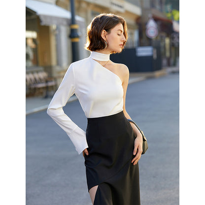 Design Asymmetric Half Shoulder Ruffle Top Slim Fit Sexy Long Sleeved Top Women