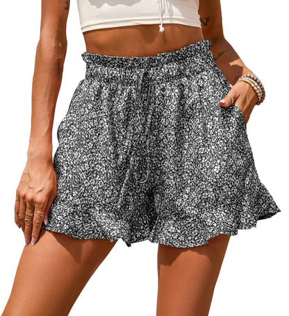 Summer Women Clothing Chiffon Printed Casual Pocket Nipped Waist Shorts