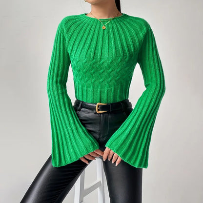 Women Clothing Sweater Pullover round Neck Flared Sleeves Top Twist Thread Solid Color Sweater