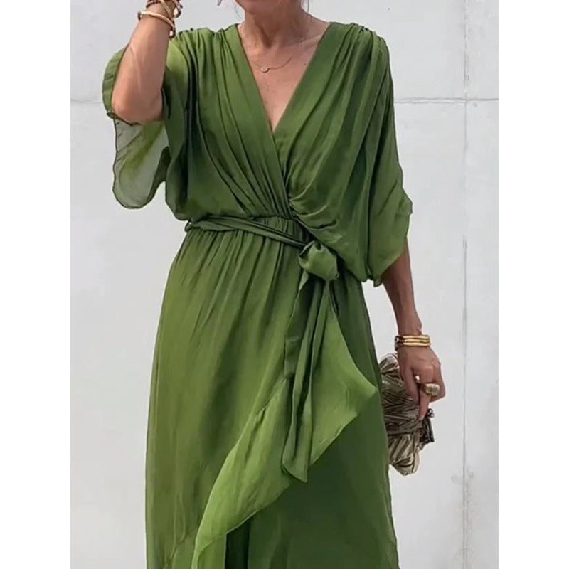 Women Clothing Solid Color Tied Maxi Dress Batwing Sleeve Irregular Asymmetric Dress