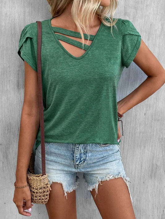 Women Clothing Summer Solid Color Stitching Petal Sleeve Loose T Top Women