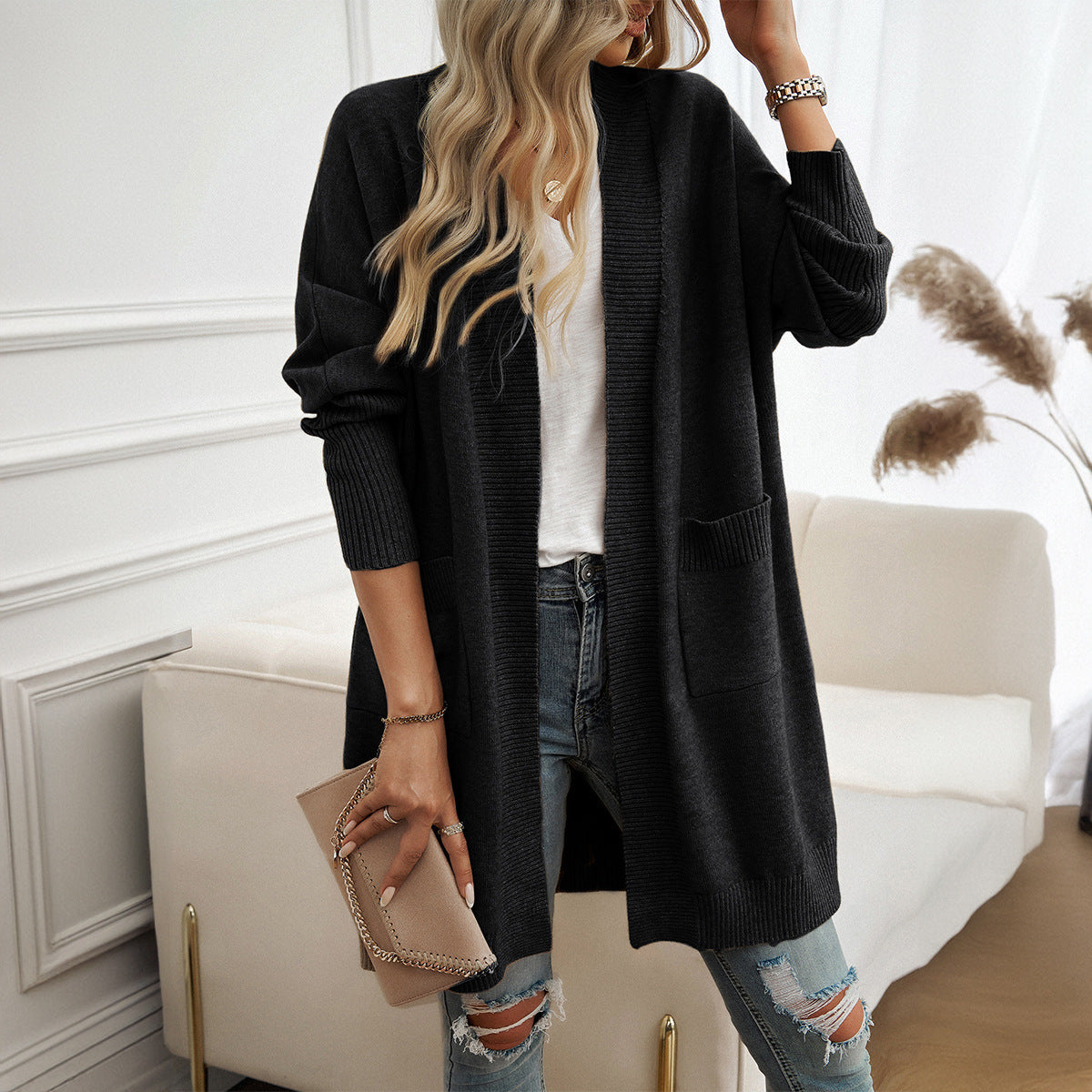 Autumn Winter Women Clothing Batwing Sleeve Elegant Cardigan Solid Color Sweater Coat