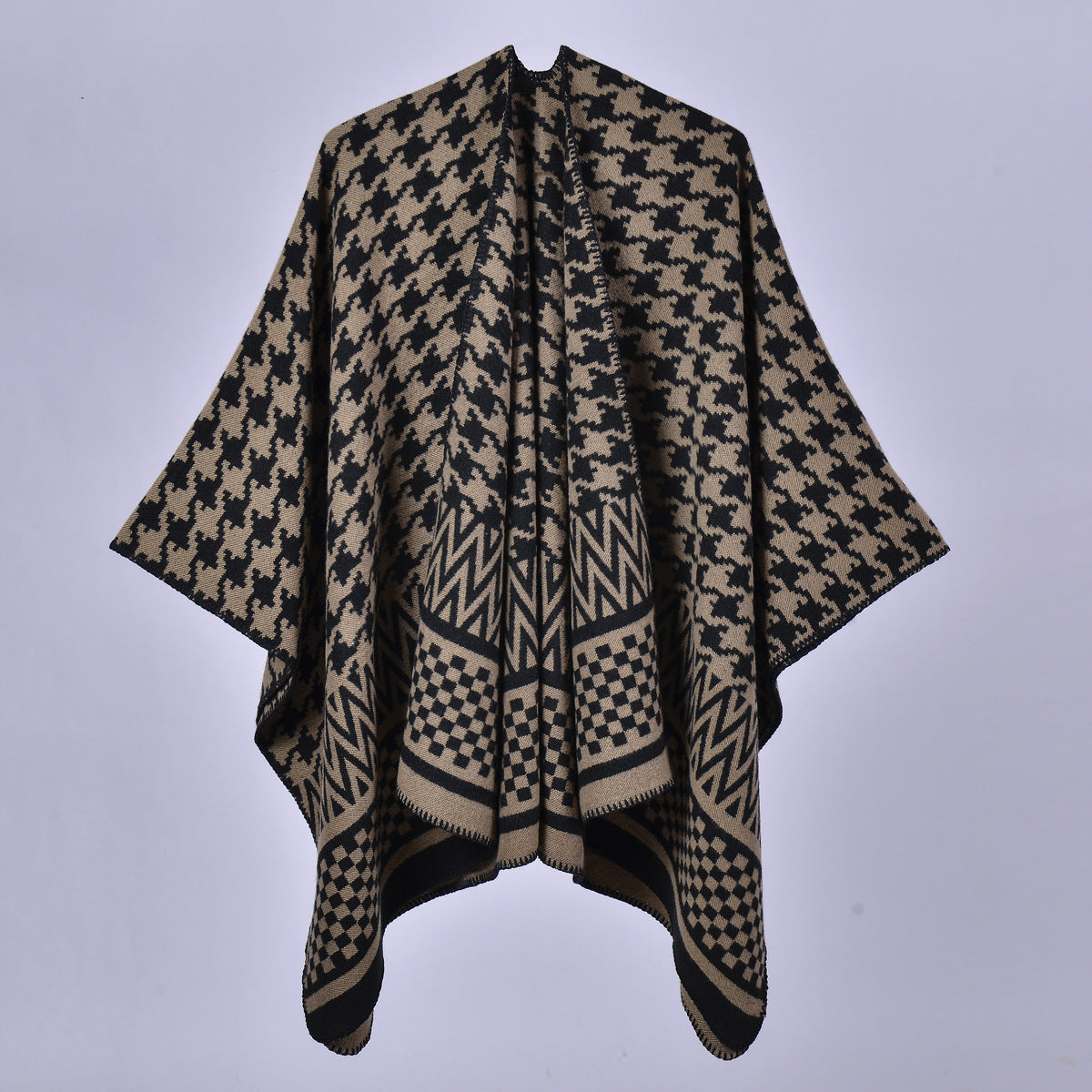 Women Autumn Winter Warm Shawl Classic Houndstooth Cape Knitted Scarf Shawl Split Cloak