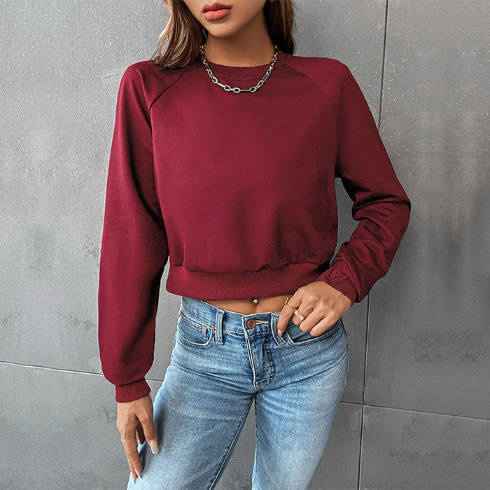 Autumn Winter Women Clothing Long Sleeve round Neck Solid Color Hoodie Women