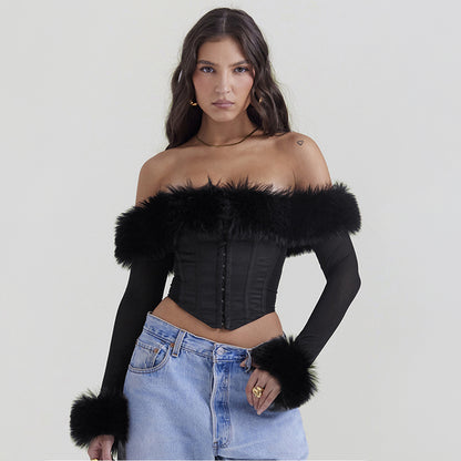 Autumn Winter Sexy Wear Fur Collar off Shoulder Boning Corset Long Sleeve Short Slim Top Women Clothing