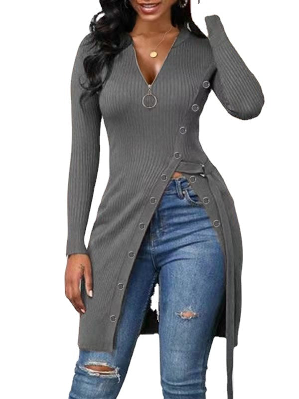 Autumn Winter Women Clothing V-neck Long Sleeve High Slit Thread Zipper T-shirt Top