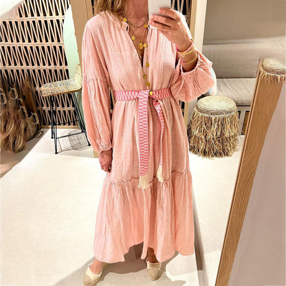 Spring Women V neck Puff Sleeve Bohemian Cotton Linen Dress