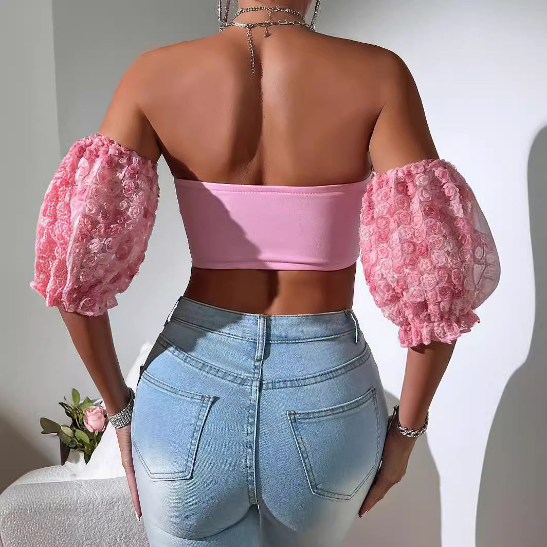 Summer Sexy Socialite Women Clothes Special Decoration off the Shoulder Short Sleeve Embroidered Vest Tube Top