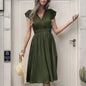 Summer Women Pleated Short Sleeve Solid Color Dress