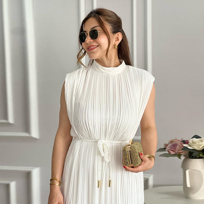 Women Clothing Spring Summer Simple Half Turtleneck Waist-Controlled Lace up Mid Length Dress