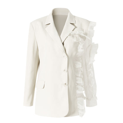 Women Spring Asymmetric Ruffled Mesh Stitching Profile Blazer