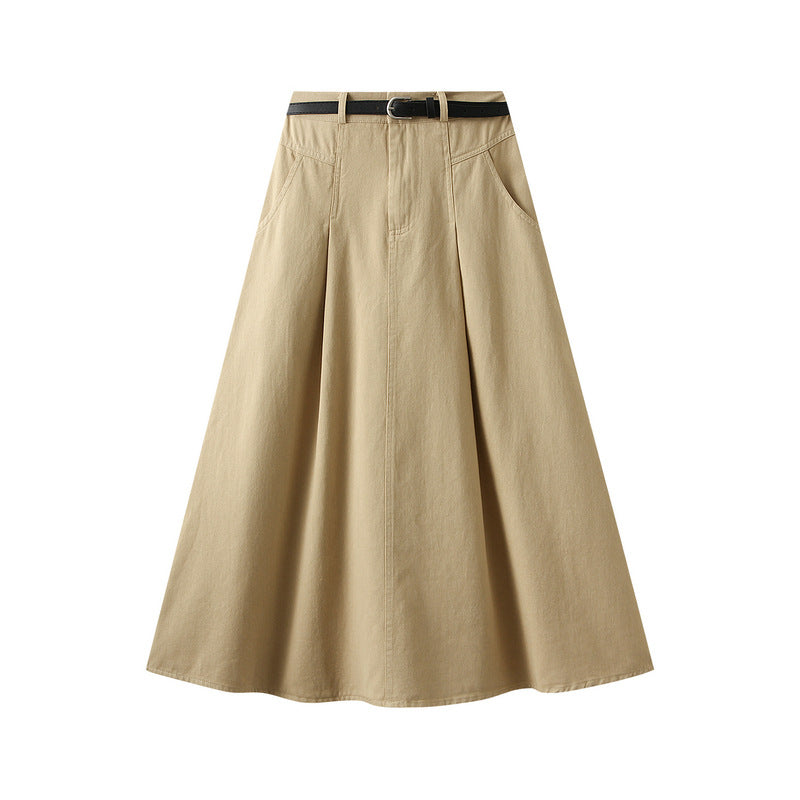 Fall High Quality Retro Khaki Maxi Dress with Belt Women A line over the Knee Umbrella Skirt