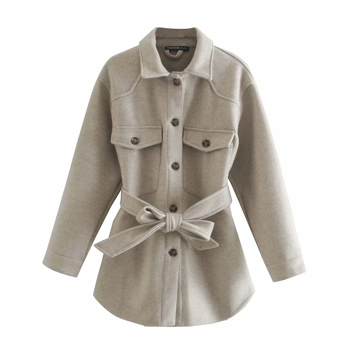 Fall Lapels Single-Breasted Belt Waist Slim Mid-Length Woolen Coat Top Women