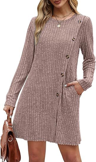 Women Clothing Round Neck Side Button Pocket Long Sleeve Waist Dress