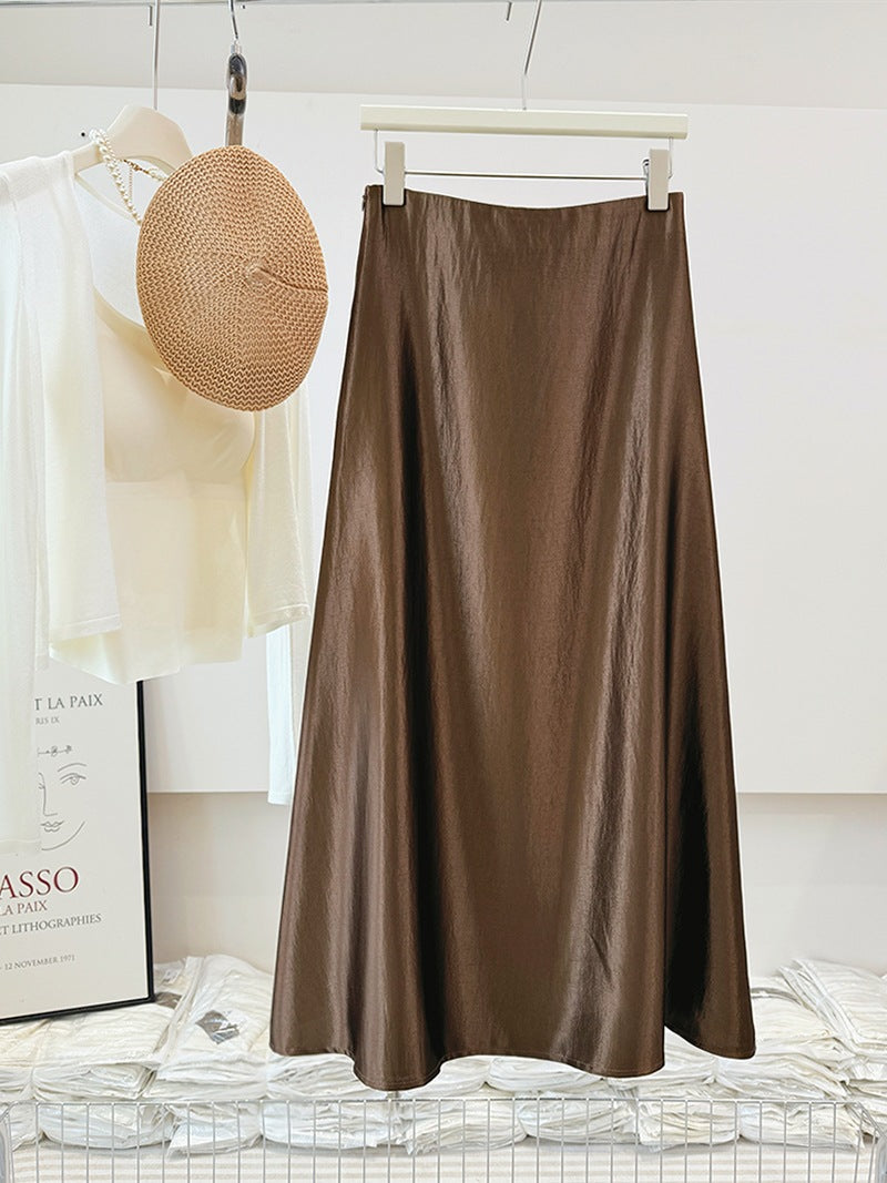 Silky Double Sided Satin Pleated Texture Skirt Fall Long A Line High Waist Sheath Floor Length Dress