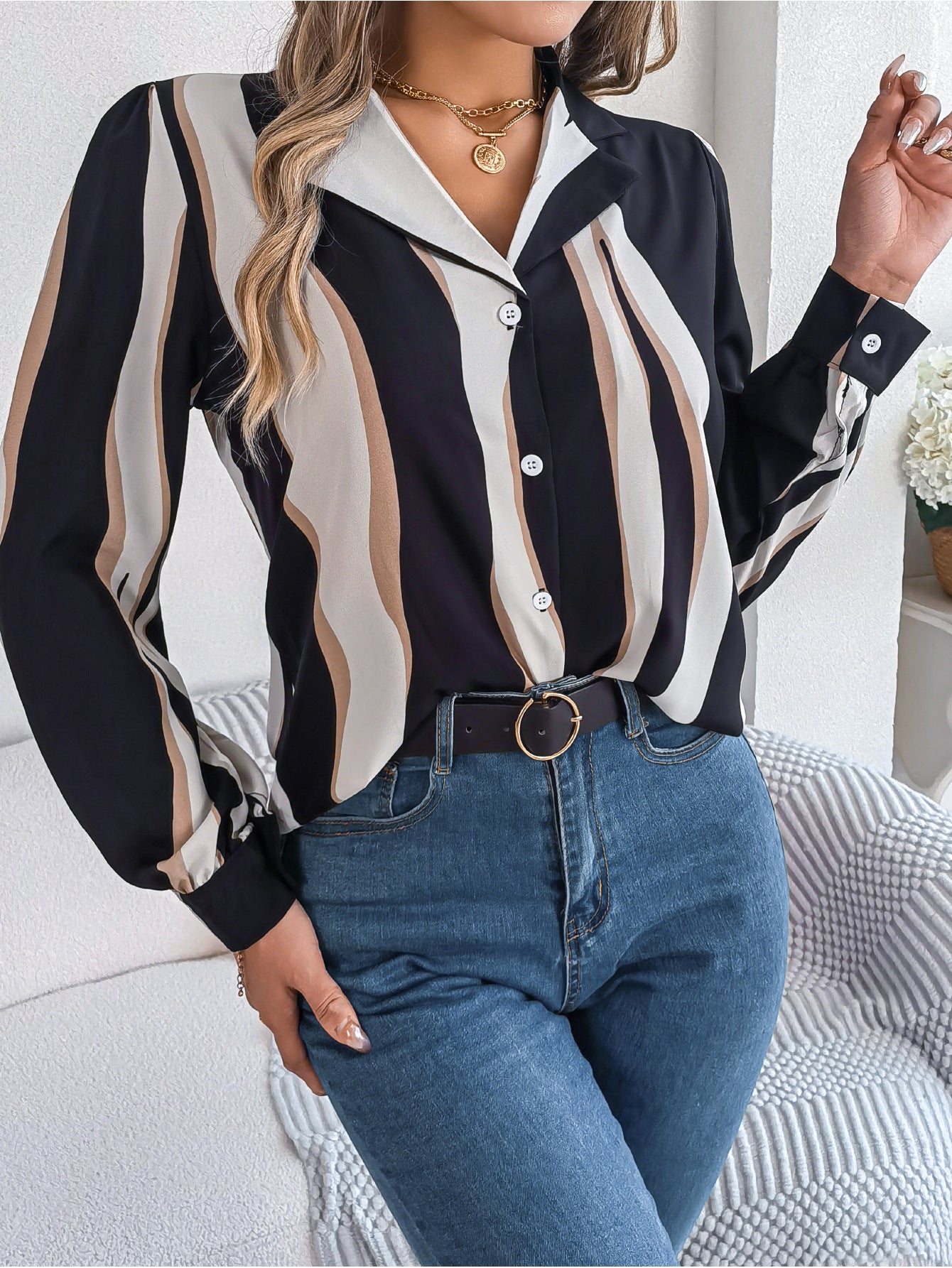 Autumn Winter Casual Contrast Color Striped Suit Collar Long Sleeve Shirt Women