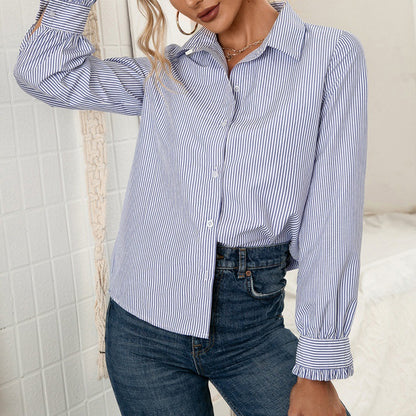 Casual Striped Single Shirt Ruffle Sleeve Collared Shirt Top for Women