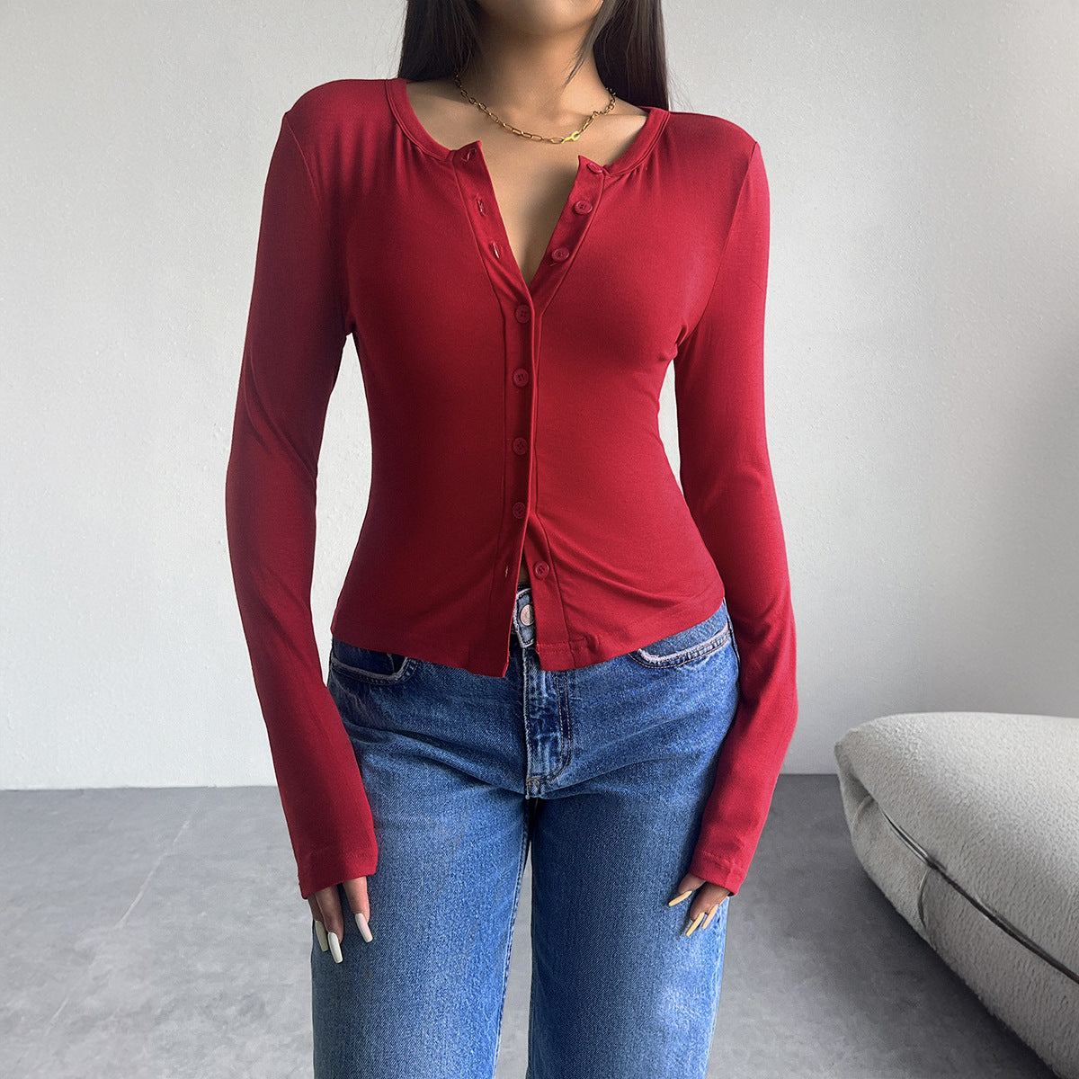 Autumn Winter Coat Women Clothing Solid Color Cardigan Breasted Long Sleeve T Shirt