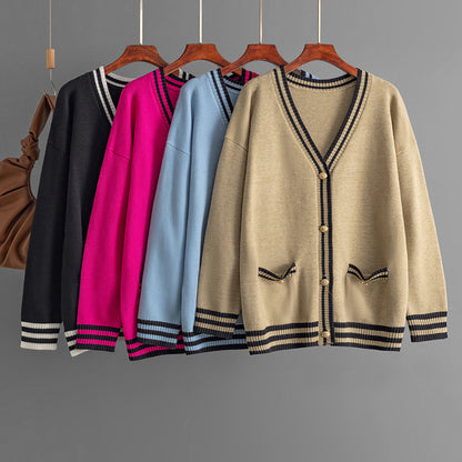 Autumn Winter Contrast Color Sweater Cardigan Coat Loose V Neck Mid Length Knitwear Top Women Clothing