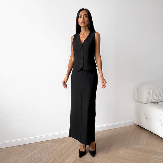 Elegant Black Mysterious V neck Sleeveless Vest Long Slit Skirt Set Summer Sexy Casual Office Women Clothing