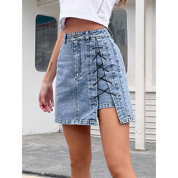 High Waist Denim Skirt Summer Slimming Lace Up Split Skirt