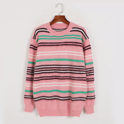 Colorful Striped Mid Length Thick Autumn Winter Korean Contrast Color Idle Loose Knitted Sweater