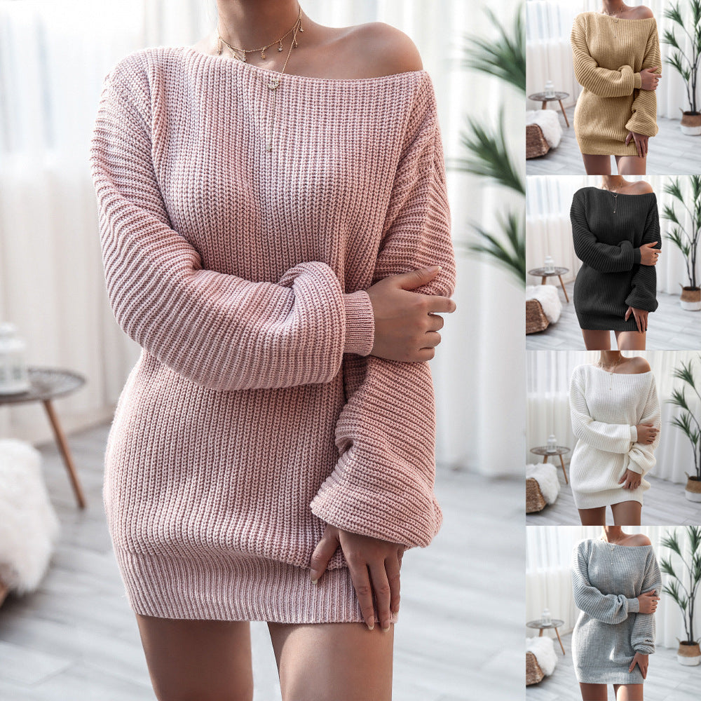 Autumn Winter Long Sleeve off Shoulder Casual Loose Knitted Sweater Dress Women Clothing