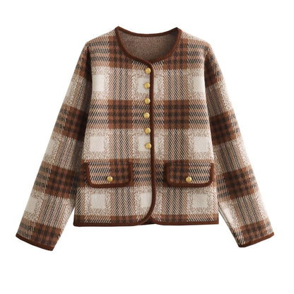 Winter Women Clothing Fashionable All Match Plaid Classic Knitted Coat