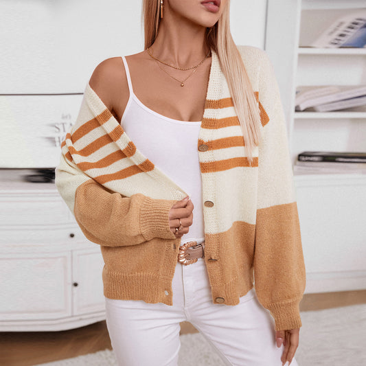 Autumn Winter Women Clothing Contrast Color Striped Button Knitted Cardigan Casual Loose Sweater Women Coat