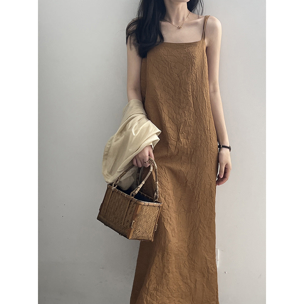 Chinese Traditional Buckle Pleated Suspender Women Summer Loose Maxi Dress