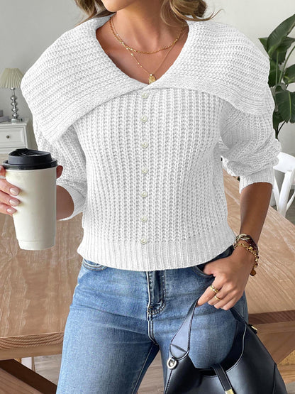 Women Short Top Pearl Beaded Sweater Women Clothing Autumn Winter Large Collared Pullover Sweater