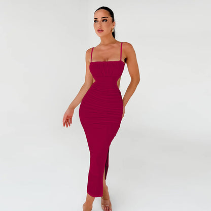 Women Cami Dress Sexy Backless Ruffle Hip Side Slit Maxi Dress