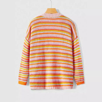 Sweater Coat Autumn Winter Striped Cardigan Women Buckle Free Knitted Coat