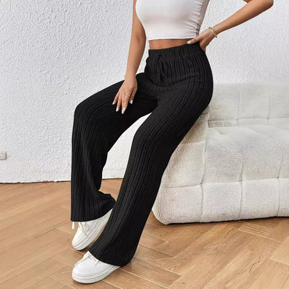 Pants Knot Waist Texture Knitted Wide Leg Trousers Elastic High Waist Solid Color Casual Loose Straight Women Pants