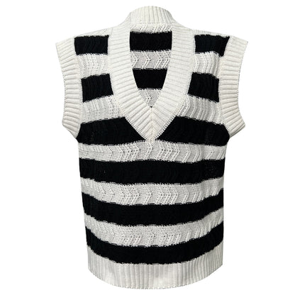 Autumn Winter Knitted Vest Black White Contrast Color V neck Striped Sweater Vest