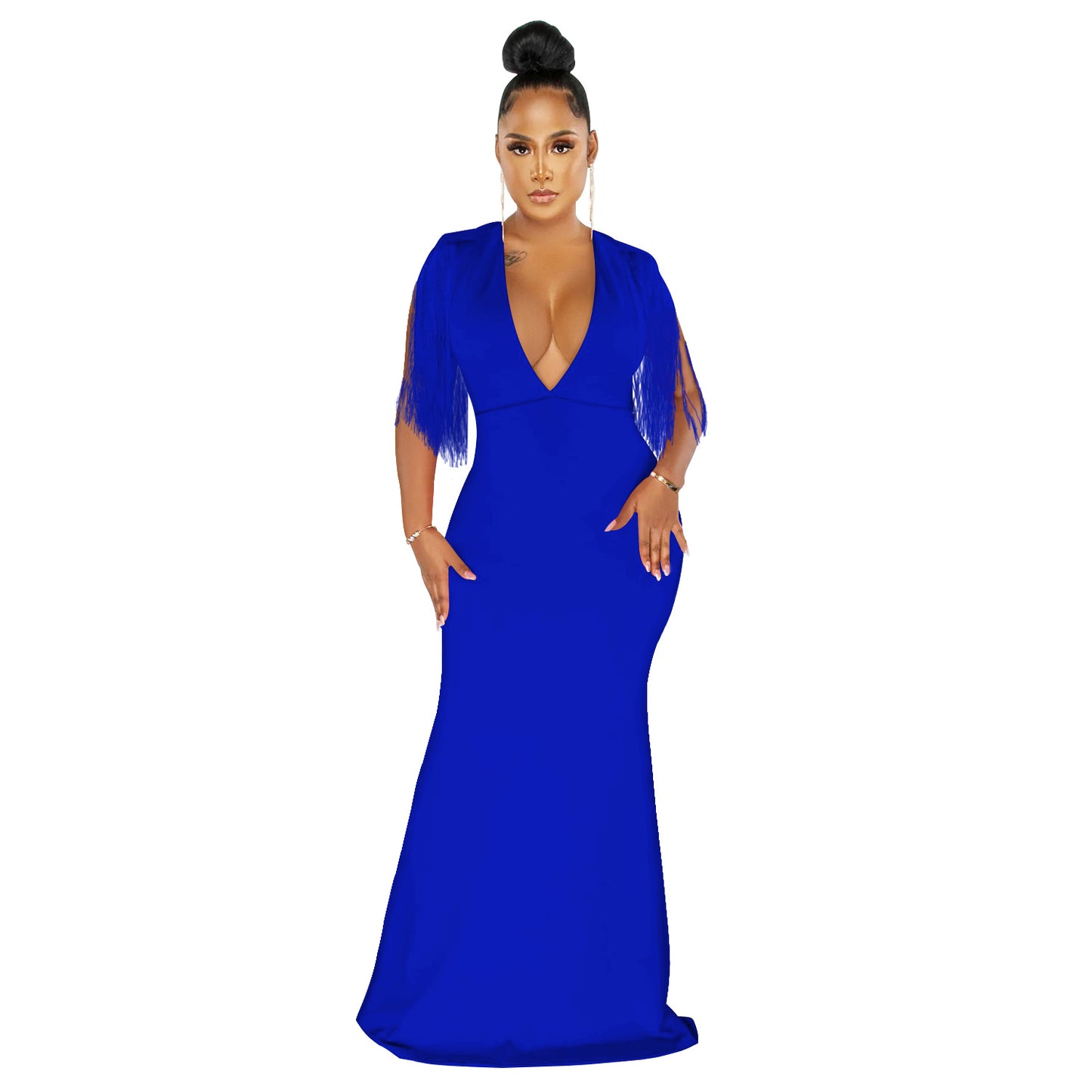 Women Wear Solid Color V neck Tassel Sleeveless Maxi Dress Women