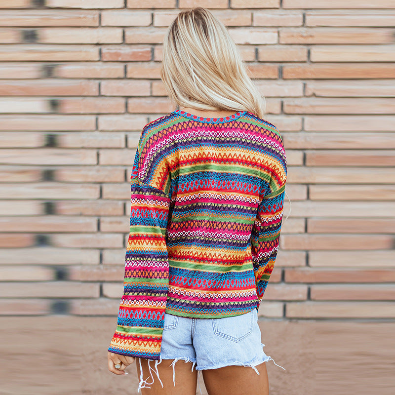 Colorblock Striped Drop Shoulder Long Sleeve T Shirt Women Autumn Loose All Match Knitted Pullover