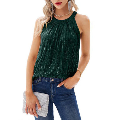 Summer Solid Color Sequ Halter Vest Women Sexy Micro Elastic Camisole Top