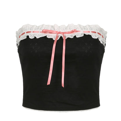 Sweet Girl Lace Color Matching Lace Bow Hollow Out Cutout Jacquard Fabric Inner Small Tube Top Summer